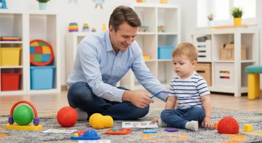 Man engaging with a young child in a colorful playroom, surrounded by educational toys, emphasizing developmental support and therapeutic interaction.