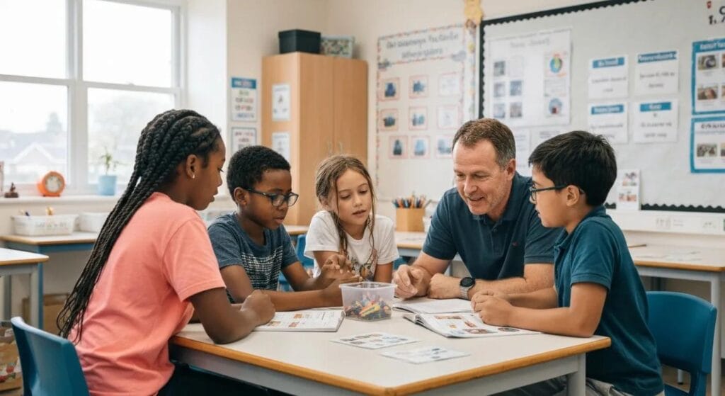Group of children and a teacher engaged in collaborative learning at a classroom table, focusing on educational materials and interactive tasks to support cognitive development.